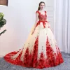 Stunning Champagne Red Prom Dresses 2018 Ball Gown Appliques Beading Scoop Neck Backless Sleeveless Chapel Train Formal Dresses