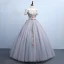 Chic / Beautiful Grey Quinceañera Prom Dresses 2018 Ball Gown Embroidered Bow Off-The-Shoulder Backless Short Sleeve Floor-Length / Long Formal Dresses