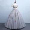 Chic / Beautiful Grey Quinceañera Prom Dresses 2018 Ball Gown Embroidered Bow Off-The-Shoulder Backless Short Sleeve Floor-Length / Long Formal Dresses