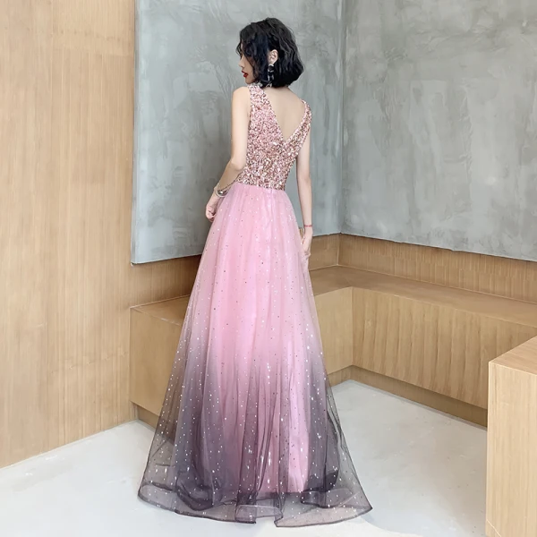Fashion Candy Pink Evening Dresses  2020 A-Line / Princess Star Sequins V-Neck Sleeveless Backless Floor-Length / Long Formal Dresses