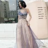 Chic / Beautiful Sky Blue Gradient-Color Evening Dresses  2020 A-Line / Princess Spaghetti Straps Sequins Lace Flower Sleeveless Backless Floor-Length / Long Formal Dresses