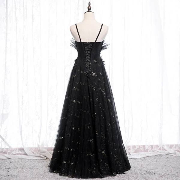 Charmant Noire Robe De Soirée 2020 Princesse Bretelles Spaghetti Paillettes Faux Diamant En Dentelle Fleur Sans Manches Dos Nu Longue Robe De Ceremonie