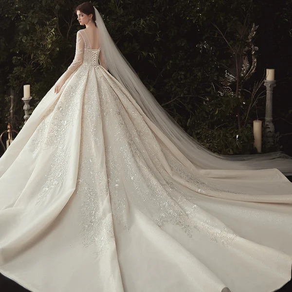 Luxury / Gorgeous Champagne Wedding Dresses 2020 Ball Gown Scoop Neck Beading Sequins Lace Flower Appliques 3/4 Sleeve Backless Royal Train
