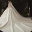 Luxury / Gorgeous Champagne Wedding Dresses 2020 Ball Gown Scoop Neck Beading Sequins Lace Flower Appliques 3/4 Sleeve Backless Royal Train