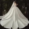Luxury / Gorgeous Champagne Glitter Wedding Dresses 2020 A-Line / Princess Off-The-Shoulder Beading Sequins Short Sleeve Backless Royal Train
