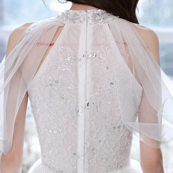 Charming Ivory Glitter Prom Dresses 2021 A-Line / Princess Scoop Neck Beading Sequins Lace Flower Short Sleeve Floor-Length / Long Formal Dresses