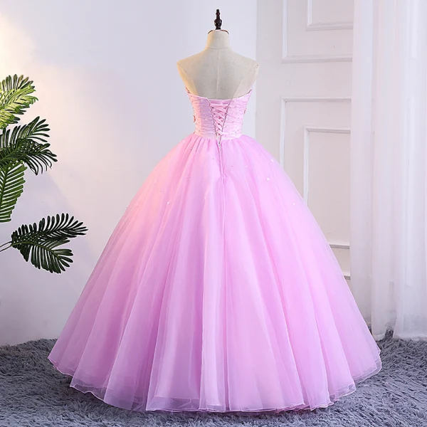 Chic / Beautiful Candy Pink Prom Dresses 2018 Ball Gown Appliques Pearl Strapless Backless Sleeveless Floor-Length / Long Formal Dresses