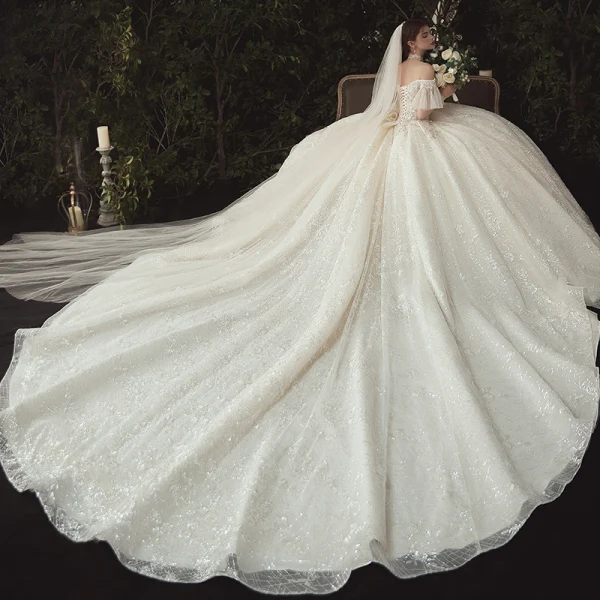 Luxury / Gorgeous Champagne Wedding Dresses 2020 Ball Gown Off-The-Shoulder Beading Sequins Lace Flower Appliques Short Sleeve Backless Royal Train