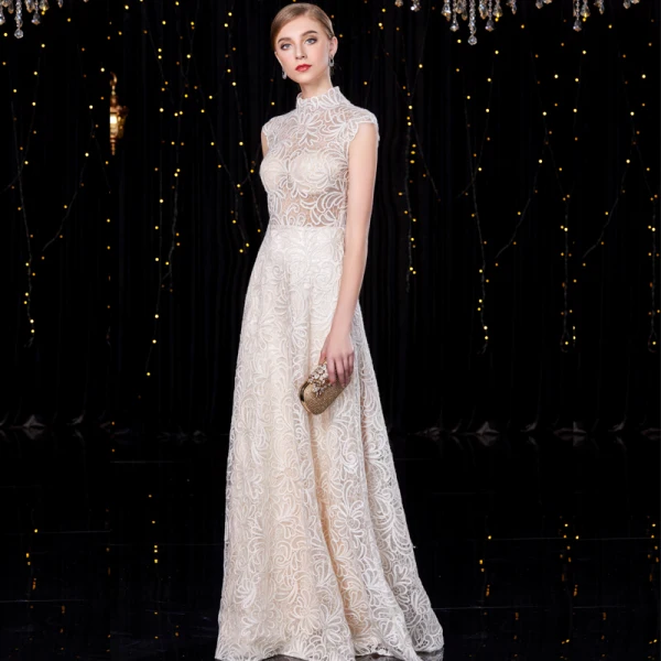Sparkly Champagne Evening Dresses  2020 A-Line / Princess High Neck Sequins Lace Flower Sleeveless Floor-Length / Long Formal Dresses