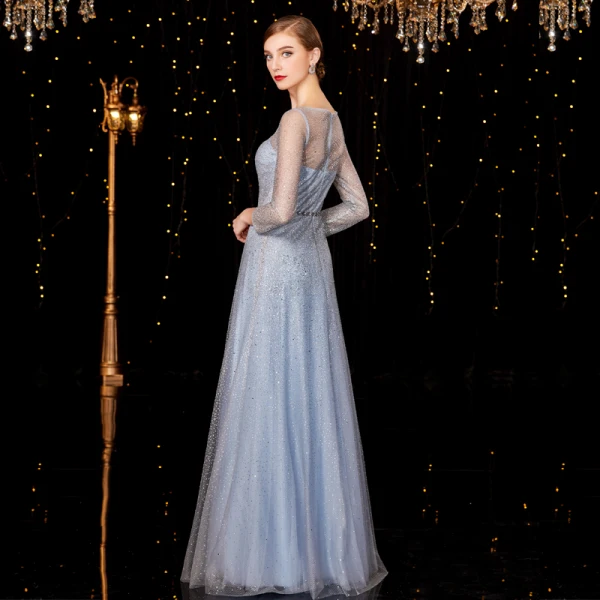 Sparkly Sky Blue Evening Dresses  2020 A-Line / Princess Sash Sequins Scoop Neck 3/4 Sleeve Floor-Length / Long Formal Dresses