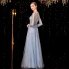 Sparkly Sky Blue Evening Dresses  2020 A-Line / Princess Sash Sequins Scoop Neck 3/4 Sleeve Floor-Length / Long Formal Dresses