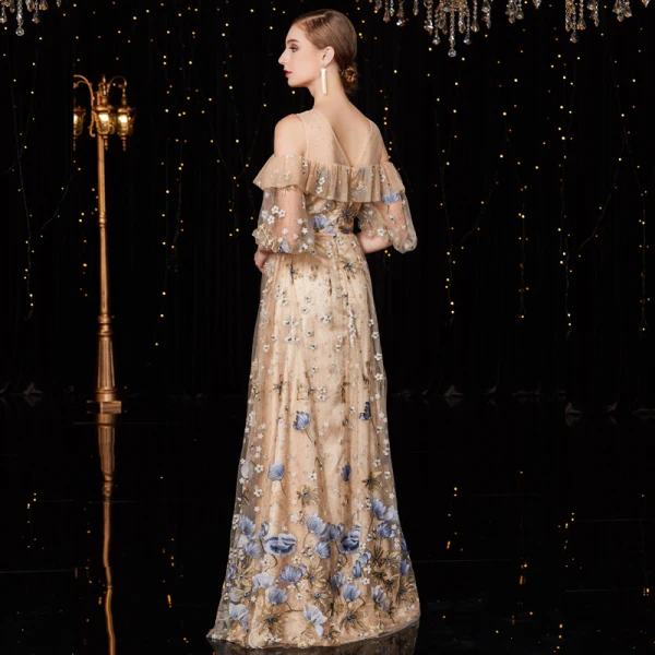 High-end Champagne Glitter Evening Dresses  2020 A-Line / Princess Scoop Neck Lace Flower Short Sleeve Floor-Length / Long Formal Dresses