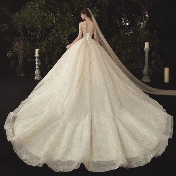 Luxury / Gorgeous Champagne Wedding Dresses 2020 Ball Gown Scoop Neck Beading Sequins Lace Flower Appliques 3/4 Sleeve Backless Cathedral Train