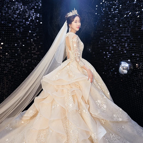 High-end Champagne Wedding Dresses 2020 Ball Gown V-Neck Handmade Beading Glitter Rhinestone Lace Flower 3/4 Sleeve Backless Royal Train