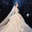 High-end Champagne Wedding Dresses 2020 Ball Gown V-Neck Handmade  Beading Glitter Rhinestone Lace Flower 3/4 Sleeve Backless Royal Train