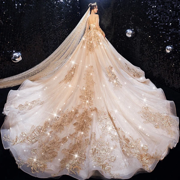 Luxury / Gorgeous Champagne Wedding Dresses 2020 Ball Gown Scoop Neck Beading Crystal Sequins Lace Flower Long Sleeve Backless Royal Train