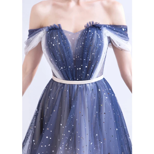 Fashion Ocean Blue Ivory Gradient-Color Cocktail Dresses 2020 A-Line / Princess Off-The-Shoulder Short Sleeve Backless Knee-Length Formal Dresses