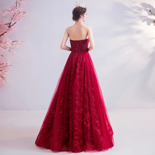 Chic / Beautiful Red Evening Dresses 2020 A-Line / Princess Strapless Beading Sequins Lace Rhinestone Sleeveless Backless Floor-Length / Long Formal Dresses