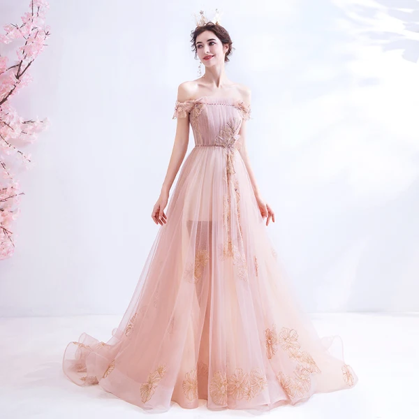 Edles Rosa Abendkleider 2020 A Linie Rüschen Off Shoulder Perlenstickerei Strass Pailletten Ärmellos Rückenfreies Sweep / Pinsel Zug Festliche Kleider
