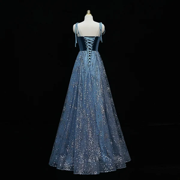 Scintillantes Bleu D'encre Robe De Soirée 2020 Princesse Bretelles Spaghetti Paillettes Sans Manches Dos Nu Longue Robe De Ceremonie