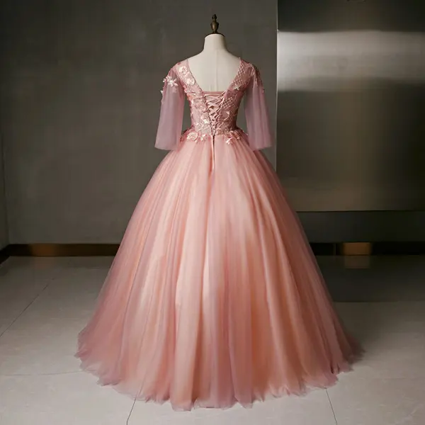 Flower Fairy Pearl Pink Prom Dresses 2020 Ball Gown V-Neck Pearl Sequins Lace Flower Appliques 3/4 Sleeve Backless Floor-Length / Long Formal Dresses