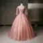 Flower Fairy Pearl Pink Prom Dresses 2020 Ball Gown V-Neck Pearl Sequins Lace Flower Appliques 3/4 Sleeve Backless Floor-Length / Long Formal Dresses