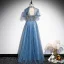 Fabuleux Océan Bleu Perlage Paillettes Robe De Bal 2021 Princesse Col Haut Manches Courtes Dos Nu Perle Longue Robe De Ceremonie