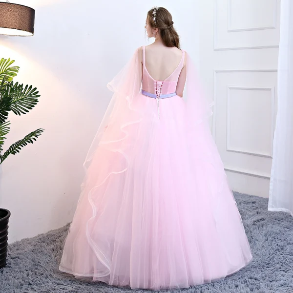 Chic / Beautiful Candy Pink Quinceañera Prom Dresses 2018 Ball Gown Appliques Pearl Sash Cascading Ruffles V-Neck Sleeveless Backless Floor-Length / Long Formal Dresses