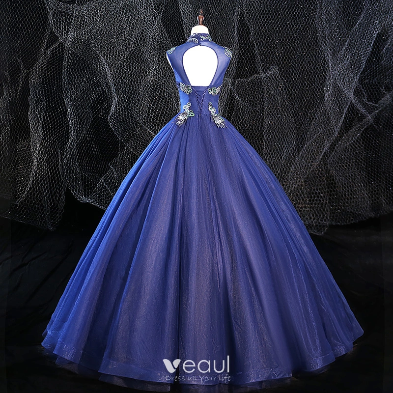 Vintage Retro Royal Blue Prom Dresses 2020 Ball Gown High Neck Beading  Rhinestone Lace Flower Sleeveless Backless Floor Length Long Formal Dresses
