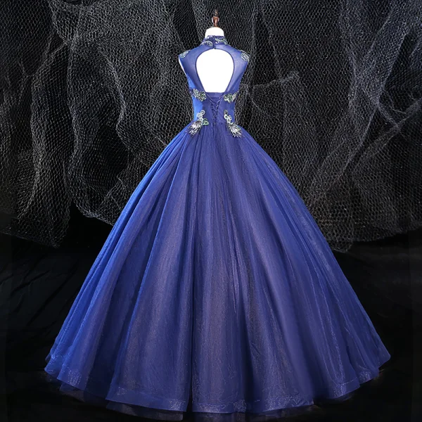 Vintage / Retro Royal Blue Prom Dresses 2020 Ball Gown High Neck Beading Rhinestone Lace Flower Sleeveless Backless Floor-Length / Long Formal Dresses
