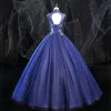 Vintage / Retro Royal Blue Prom Dresses 2020 Ball Gown High Neck Beading Rhinestone Lace Flower Sleeveless Backless Floor-Length / Long Formal Dresses