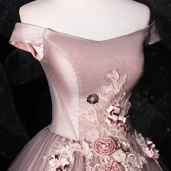Flower Fairy Blushing Pink Grey Prom Dresses 2020 Ball Gown Off-The-Shoulder Beading Appliques Lace Flower Sleeveless Backless Floor-Length / Long Formal Dresses