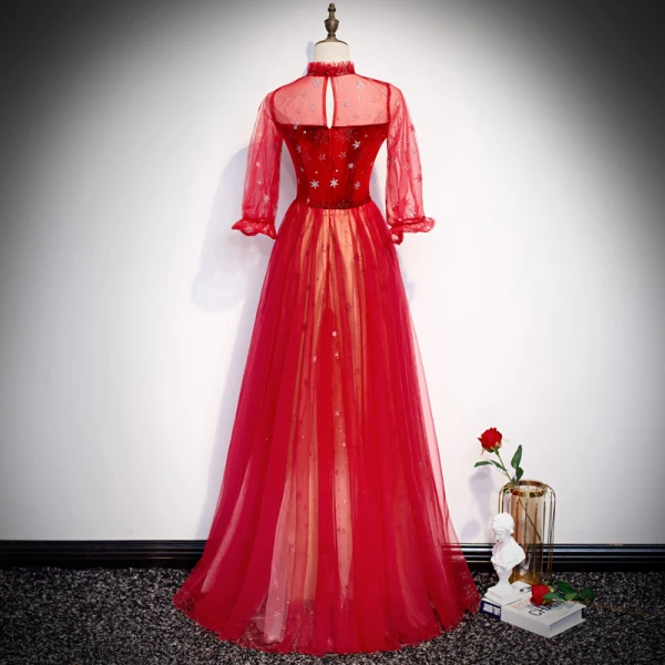Elegante Rot Abendkleider 2020 A Linie Stehkragen Star Pailletten Schleife 3/4 Ärmel Rückenfreies Lange Festliche Kleider