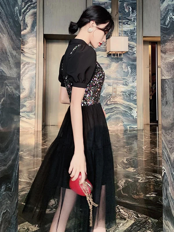 Fashion Black Party Dresses 2020 A-Line / Princess High Neck Sequins Short Sleeve Tea-length Formal Dresses