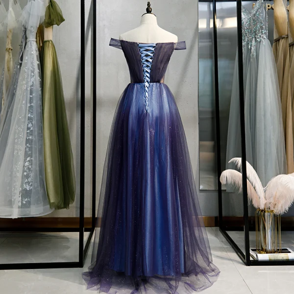 Chic / Belle Bleu Marine Dégradé De Couleur Robe De Soirée 2020 Princesse De l'épaule Manches Courtes Dos Nu Longue Robe De Ceremonie