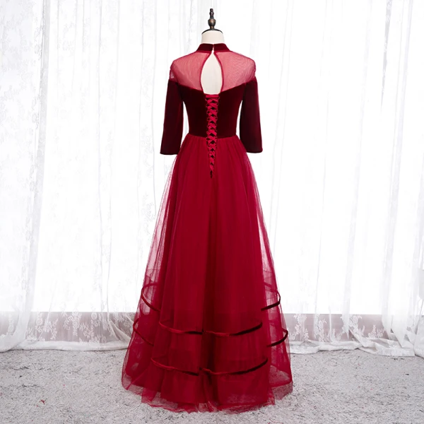 Elegant Red Evening Dresses  2020 A-Line / Princess High Neck Suede 3/4 Sleeve Backless Floor-Length / Long Formal Dresses