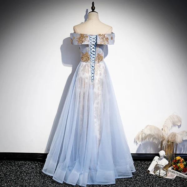 Élégant Bleu Ciel Glitter Paillettes Robe De Bal 2021 Princesse De l'épaule Manches Courtes Dos Nu Longue Robe De Ceremonie