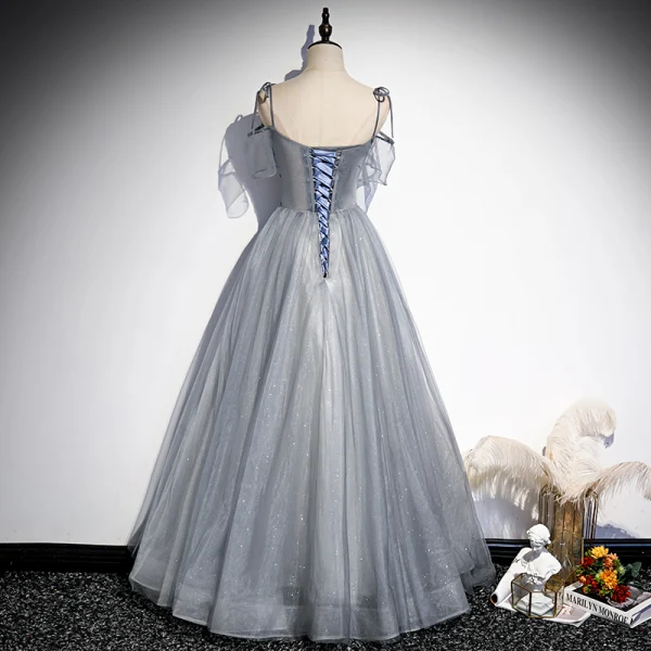 Elegant Grey Rhinestone Prom Dresses 2021 A-Line / Princess Spaghetti Straps Sleeveless Backless Floor-Length / Long Formal Dresses