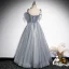 Elegant Grey Rhinestone Prom Dresses 2021 A-Line / Princess Spaghetti Straps Sleeveless Backless Floor-Length / Long Formal Dresses