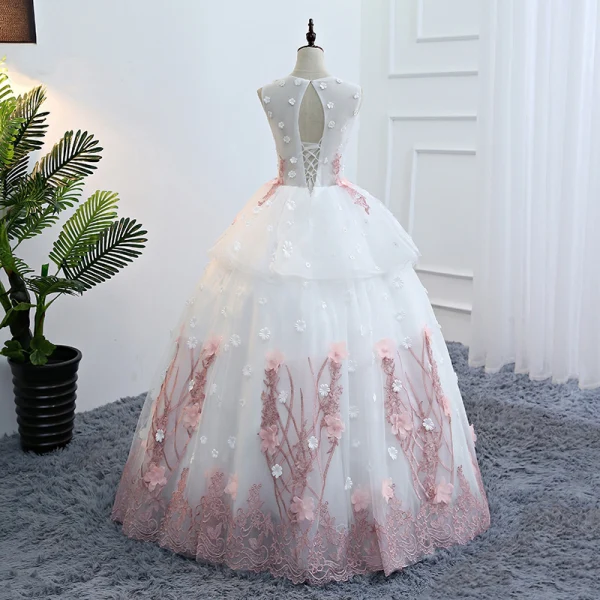 Elegant Ivory Prom Dresses 2018 Ball Gown Appliques Bow Pearl U-Neck Backless Sleeveless Floor-Length / Long Formal Dresses