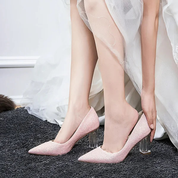 Glitter Candy Roze Glans Bruidsschoenen 2020 Pailletten 7 cm Dikke Hak Spitse Neus Huwelijk Pumps