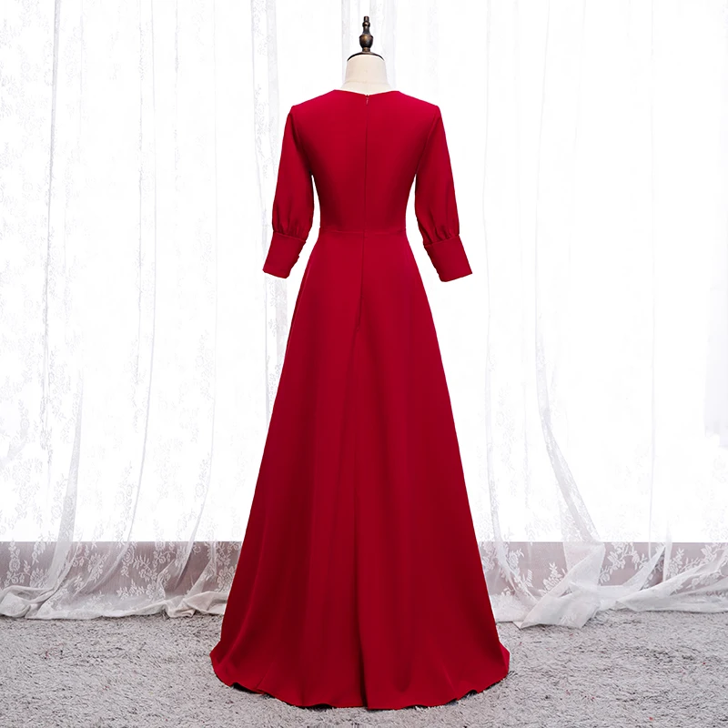 Modest Simple Solid Color Red Evening Dresses 2020 A-Line Princess V-Neck 3/4 Sleeve Modest Simple Solid Color Red Evening Dresses 2020 A-Line Princess V-Neck 3/4 Sleeve