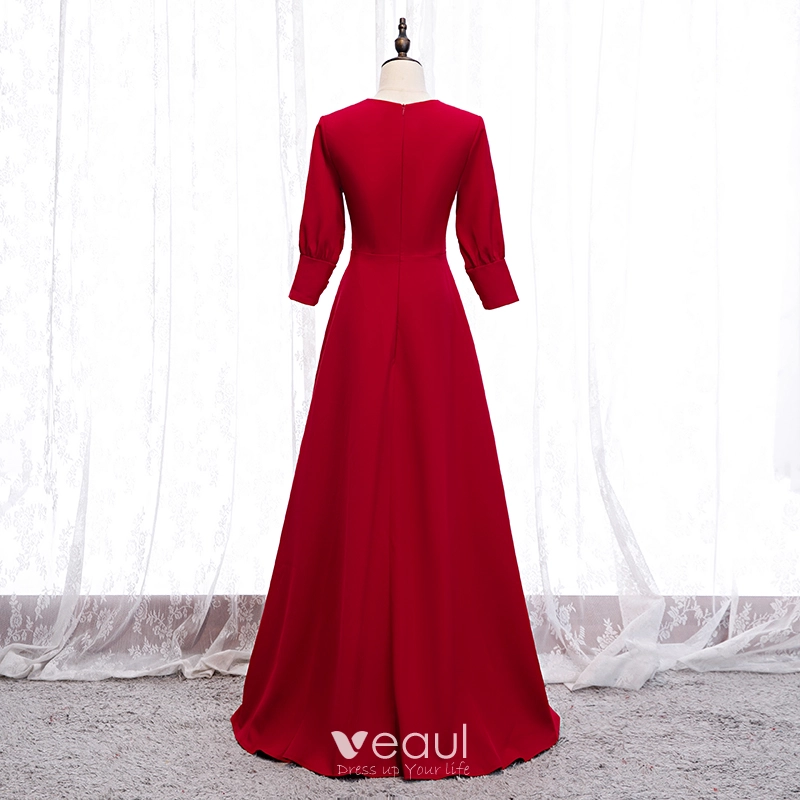 Simple Couleur Unie Rouge Robe De Soiree 2020 Princesse V Cou 3 4 Manches Longue Robe De Ceremonie