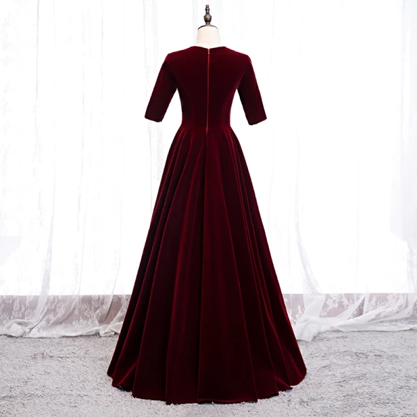 Modest / Simple Burgundy Evening Dresses  2020 A-Line / Princess V-Neck Suede 1/2 Sleeves Floor-Length / Long Formal Dresses