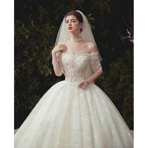 Luxus / Herrlich Ivory / Creme Brautkleider / Hochzeitskleider 2020 Ballkleid Off Shoulder Perlenstickerei Spitze Blumen Pailletten Kurze Ärmel Rückenfreies Kathedrale Schleppe