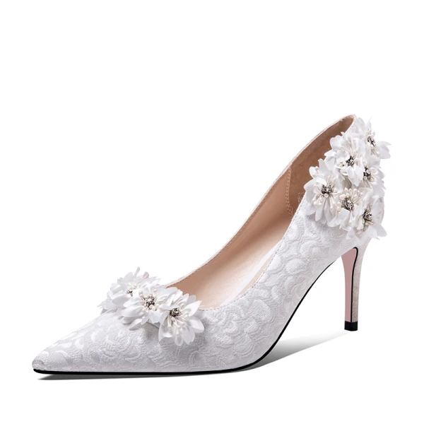 Uroczy Kość Słoniowa Buty Ślubne 2020 Koronki 3D Aplikacje Rhinestone 7 cm Szpilki Szpiczaste Ślub Czółenka