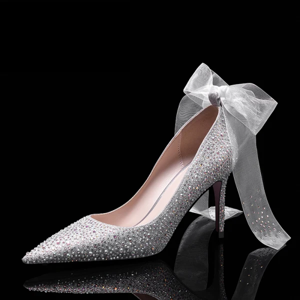 Charmant Or Rose Chaussure De Mariée 2020 Cuir Noeud Faux Diamant 8 cm Talons Aiguilles À Bout Pointu Mariage Escarpins