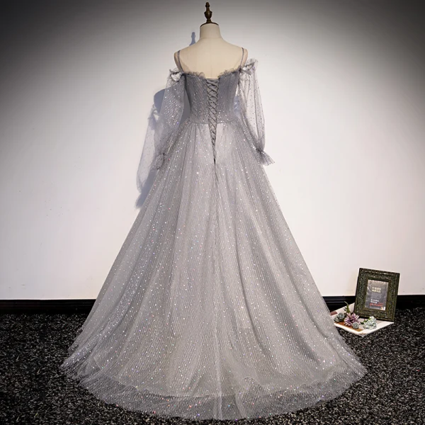 Élégant Gris Paillettes Glitter Robe De Bal Robe De Soirée 2021 Princesse Bretelles Spaghetti Manches Longues Dos Nu Train De Balayage Robe De Ceremonie