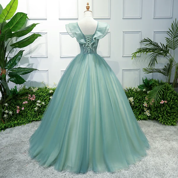 Flower Fairy Green Prom Dresses 2018 Ball Gown Appliques V-Neck Backless Sleeveless Floor-Length / Long Formal Dresses