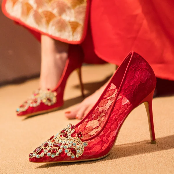 Chic / Beautiful Ivory Wedding Shoes 2020 Lace Leather Rhinestone 10 cm Stiletto Heels Pointed Toe Wedding Pumps